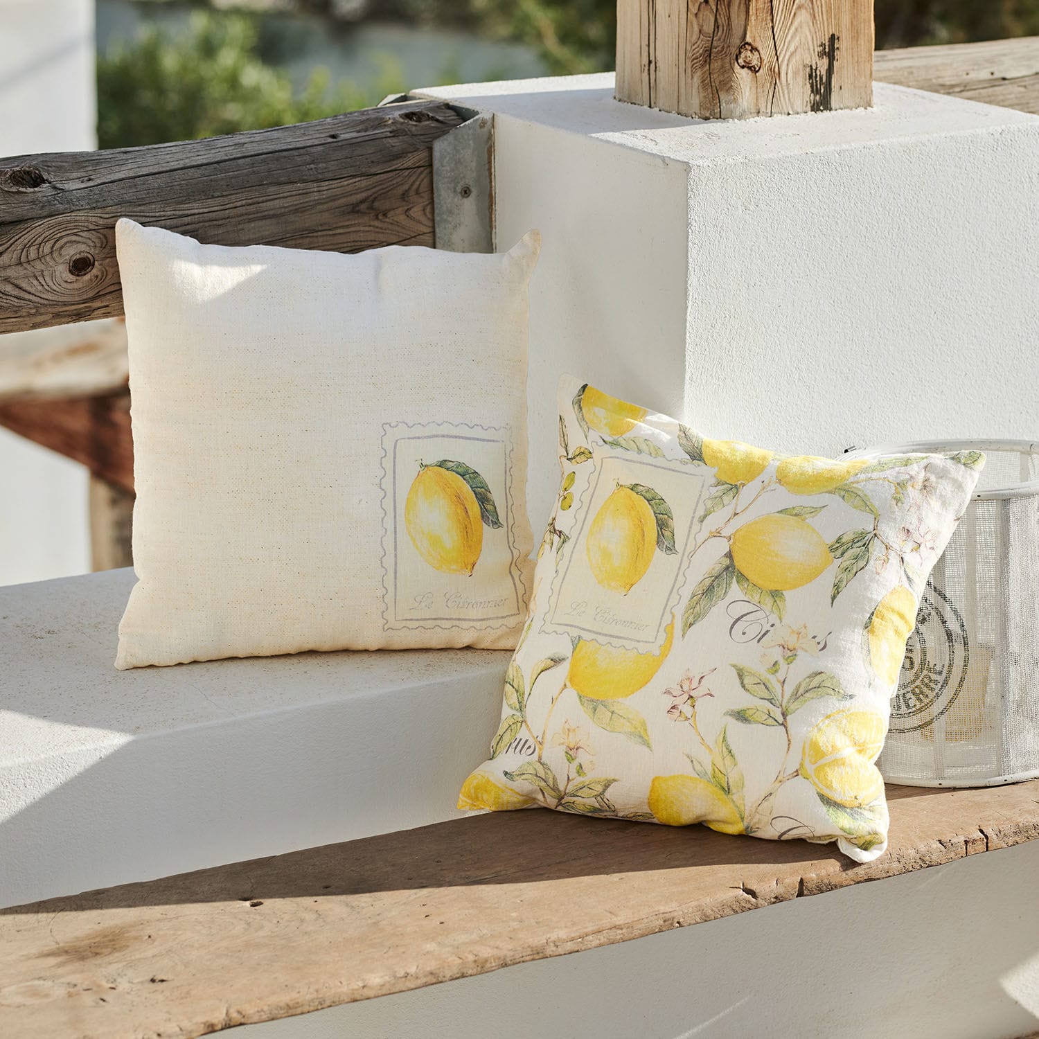 Kissenhülle 2er Set Lantagenet Dekorative Baumwollkissen in Creme mit Zitronenmotiv für Wohn- und Gartenbereich