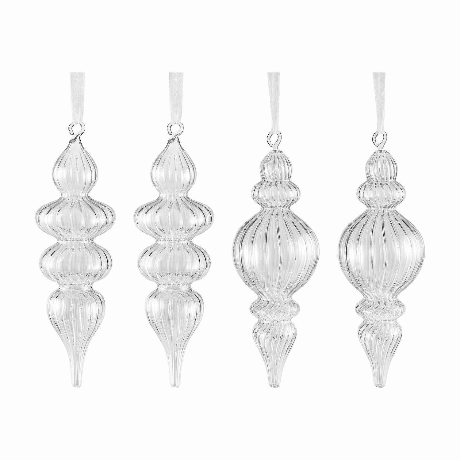 Weihnachtsschmuck 4er Set Diorise Set aus vier transparenten Glas-Weihnachtsanhängern mit weißen Bändern zum Aufhängen