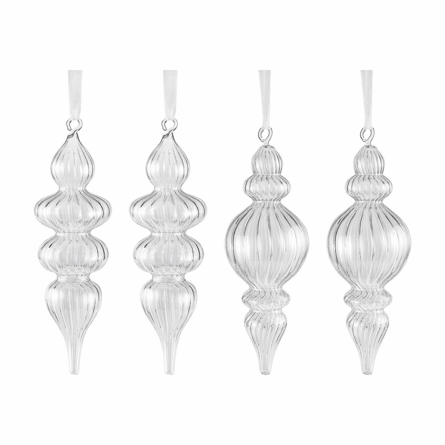 Weihnachtsschmuck 4er Set Diorise Set aus vier transparenten Glas-Weihnachtsanhängern mit weißen Bändern zum Aufhängen