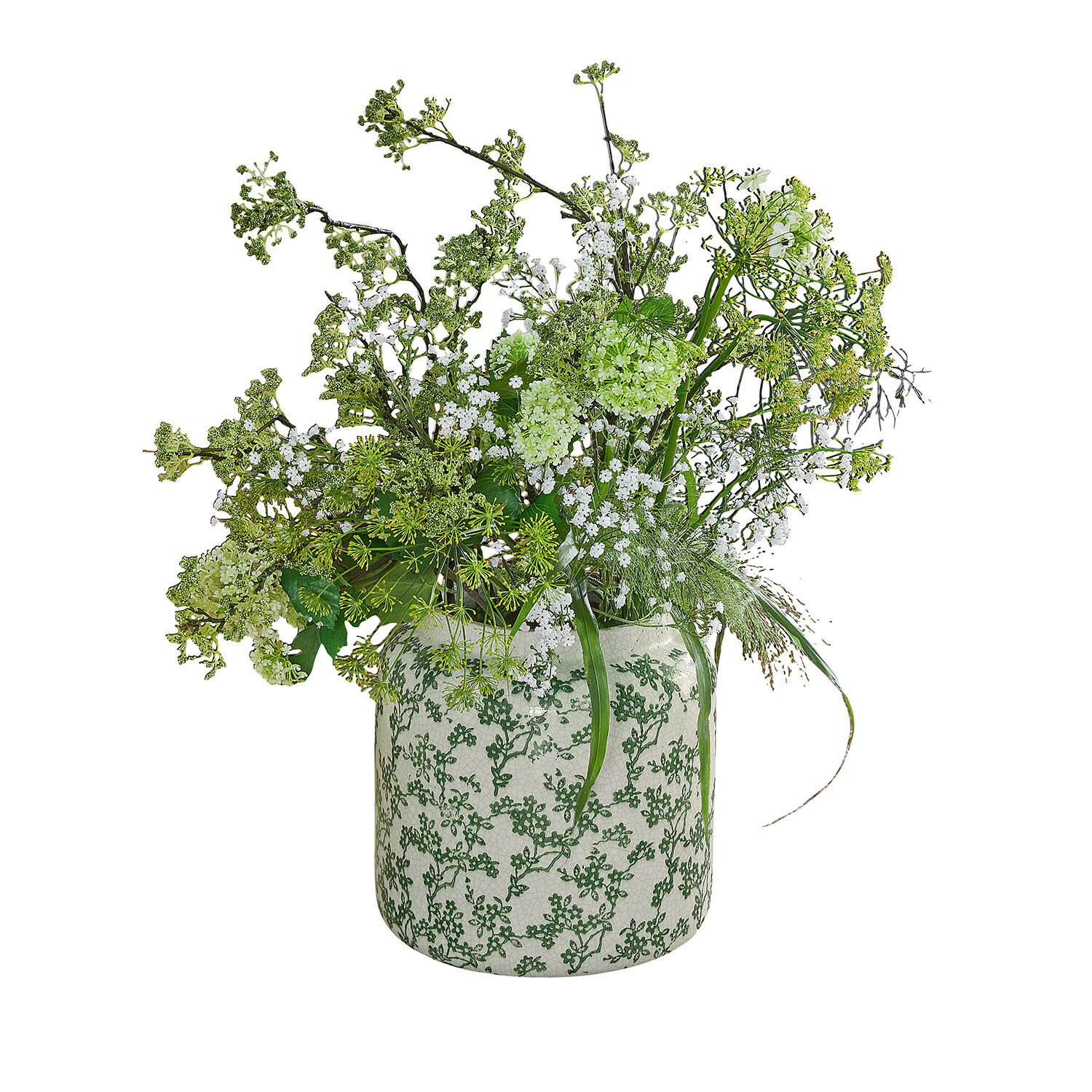 Keramikvase mit grünem Muster und weiß-grünem dekorativem Blumenstrauß