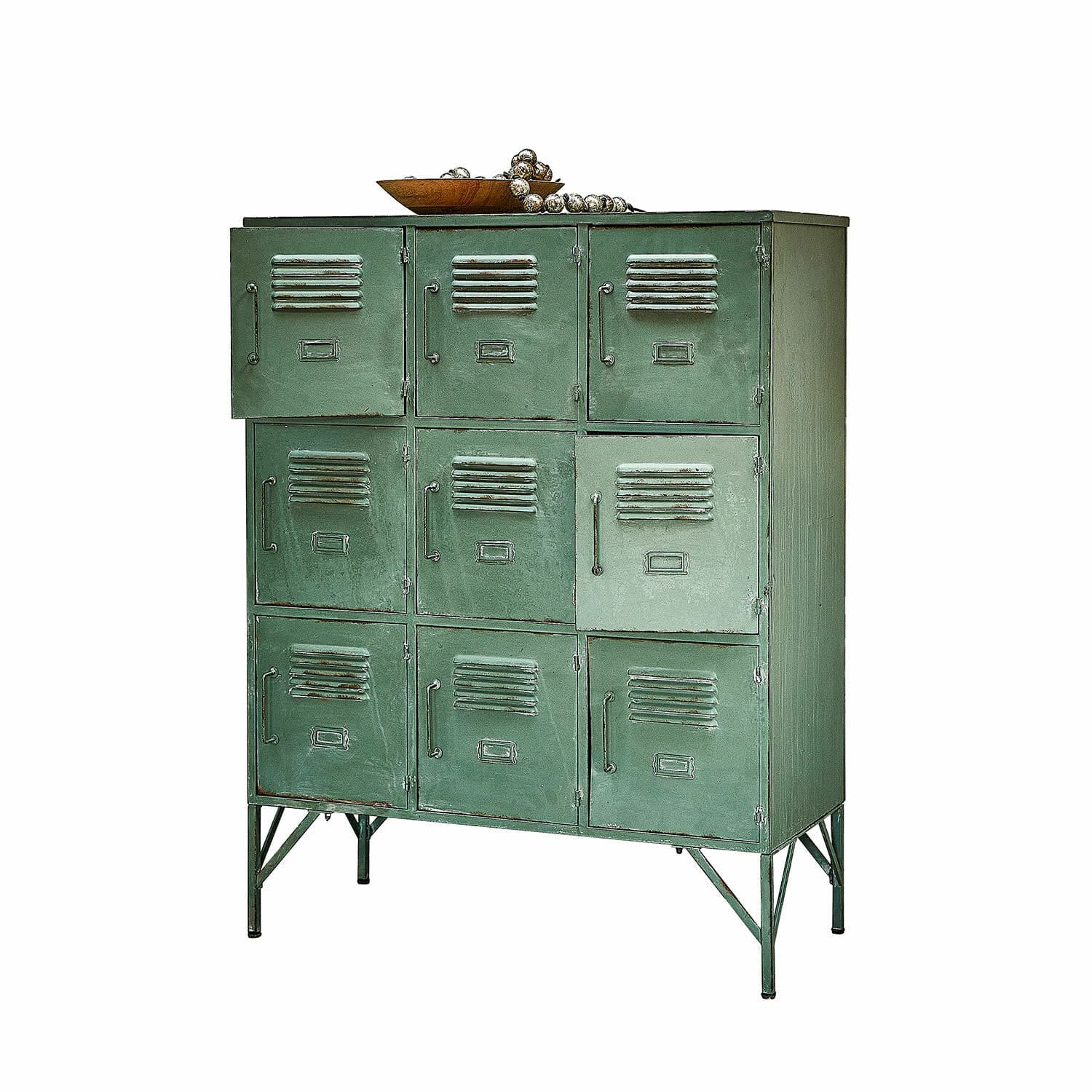 Kommode Urillac Grüner Metallschrank im Vintage-Stil mit neun Türen für praktischen Stauraum