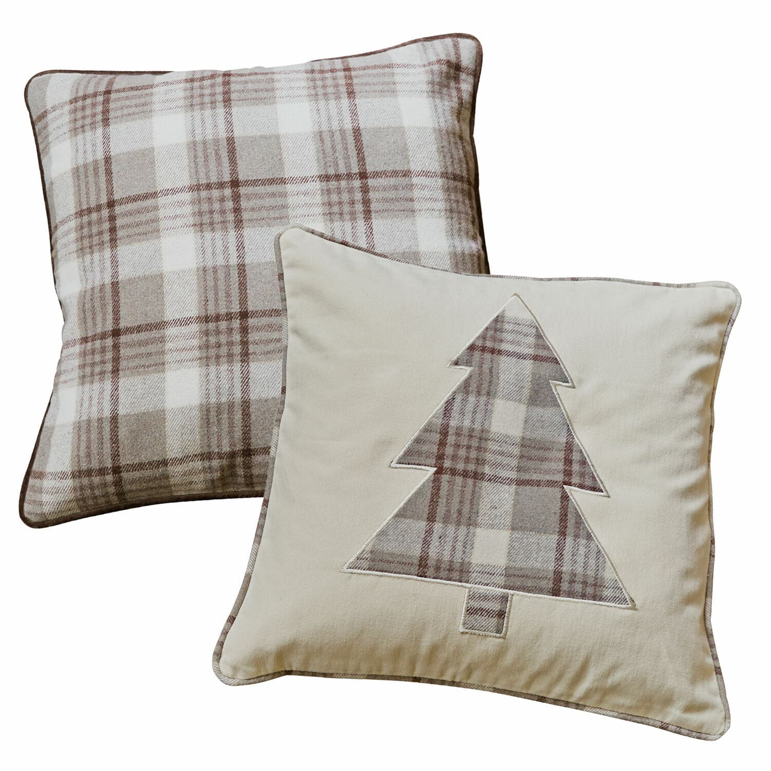 Kissenhülle 2er Set Ersac Set aus zwei dekorativen Baumwollkissen in Beige-Braun-Karo mit Tannenbaum-Motiv