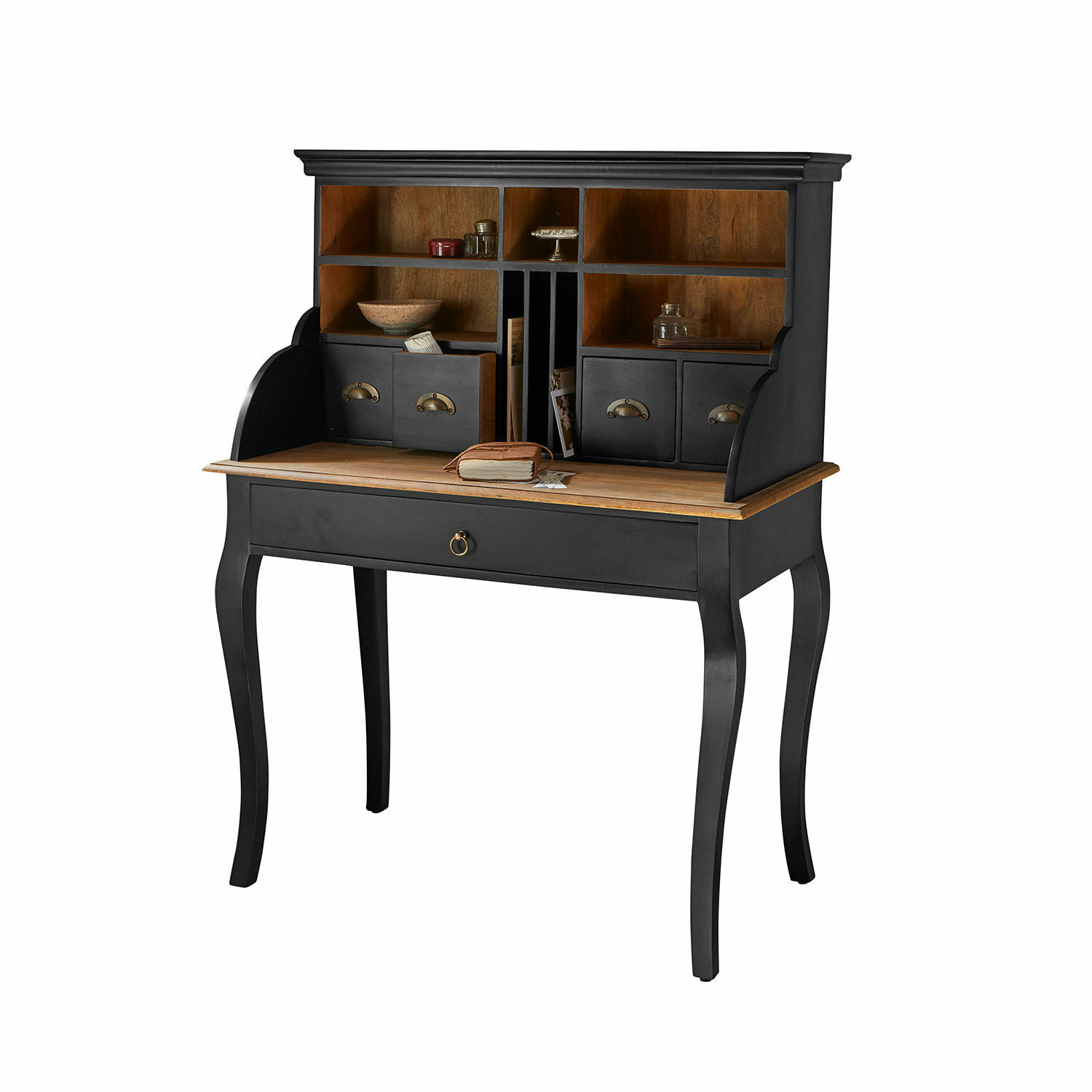 Sekretär Orival aus schwarzem Holz mit naturfarbenem Tischblatt und Schubladen zur Aufbewahrung