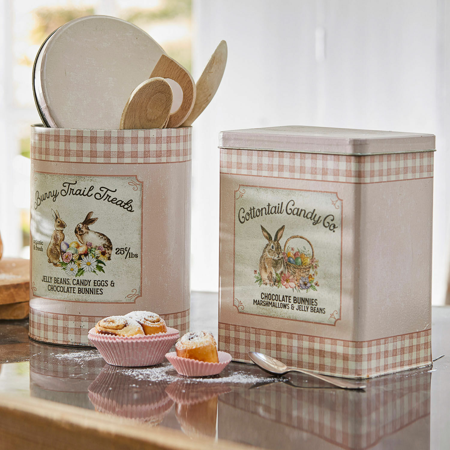 Dose 2er Set Cottontail Pastellrosa Metallbehälter mit Hasenmotiv und Karomuster, vintage Küchenaufbewahrung
