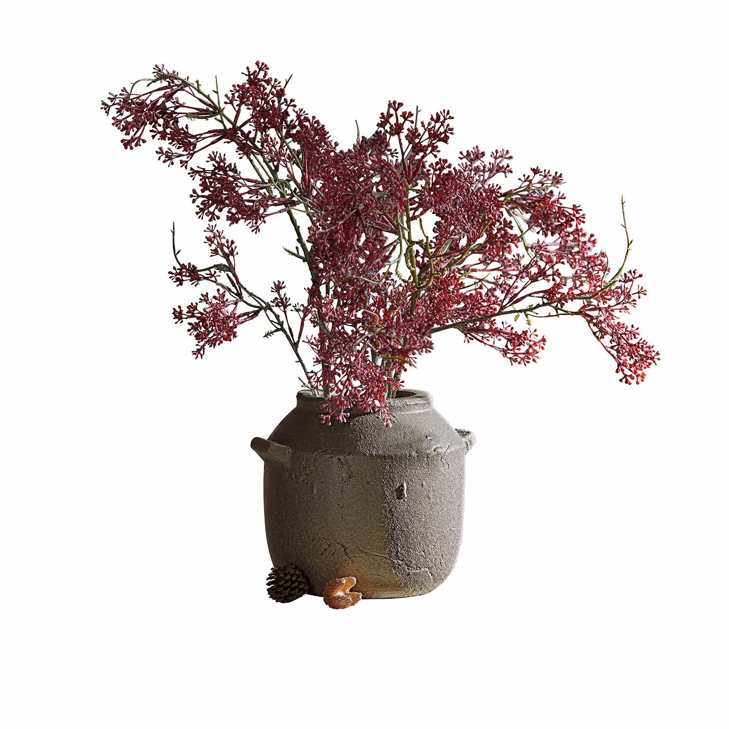 Vase Saintevoux Rustikaler grauer Keramikvase mit roten Dekozweigen und einer kleinen Kieferzapfen-Dekoration