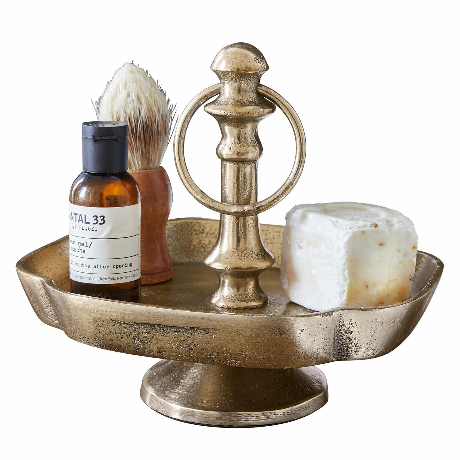 Etagere Frinesto Messingfarbene Tasse auf Fuß mit Griff, Rasierzubehör und Seife im Vintage-Stil