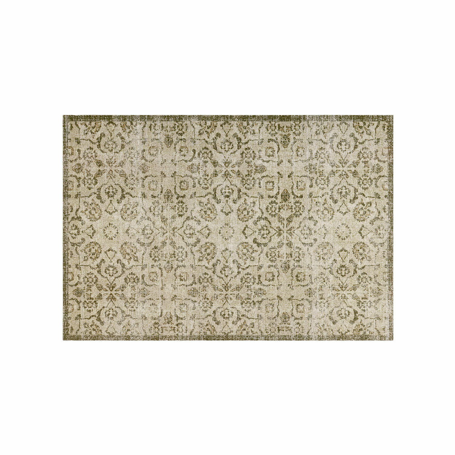 Vintage Teppich mit beigem und grünem Muster, stilvolle Wohnzimmerdekoration