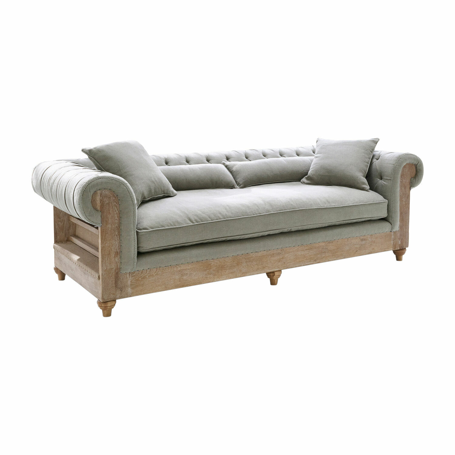 grau/braun Sofa Kanani aus grauem Stoff mit braunem Holzrahmen, bequemes Wohnzimmermöbel