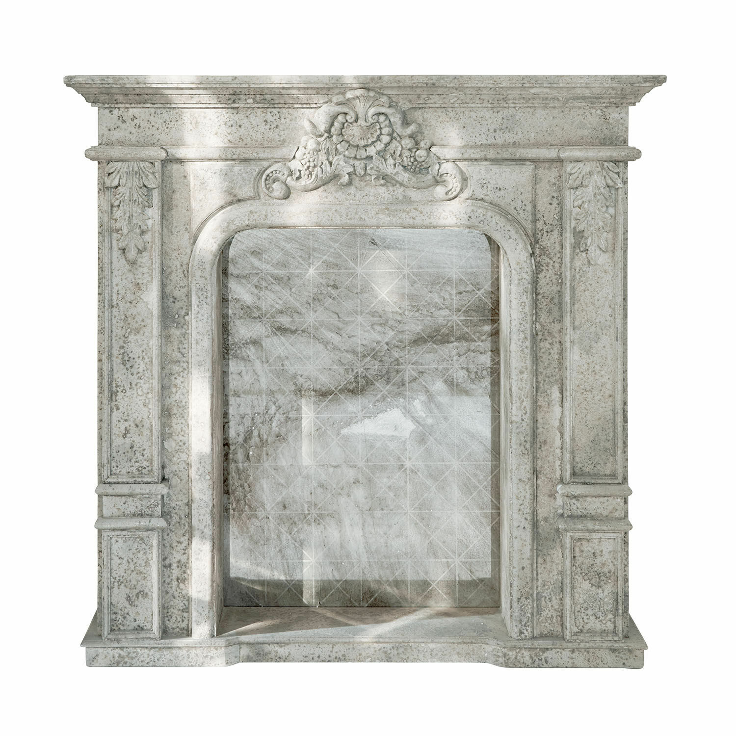 Kaminkonsole Rethonvillers Klassischer Kaminportal aus hellem Marmor mit dekorativem oberen Relief und grauer Marmormusterung