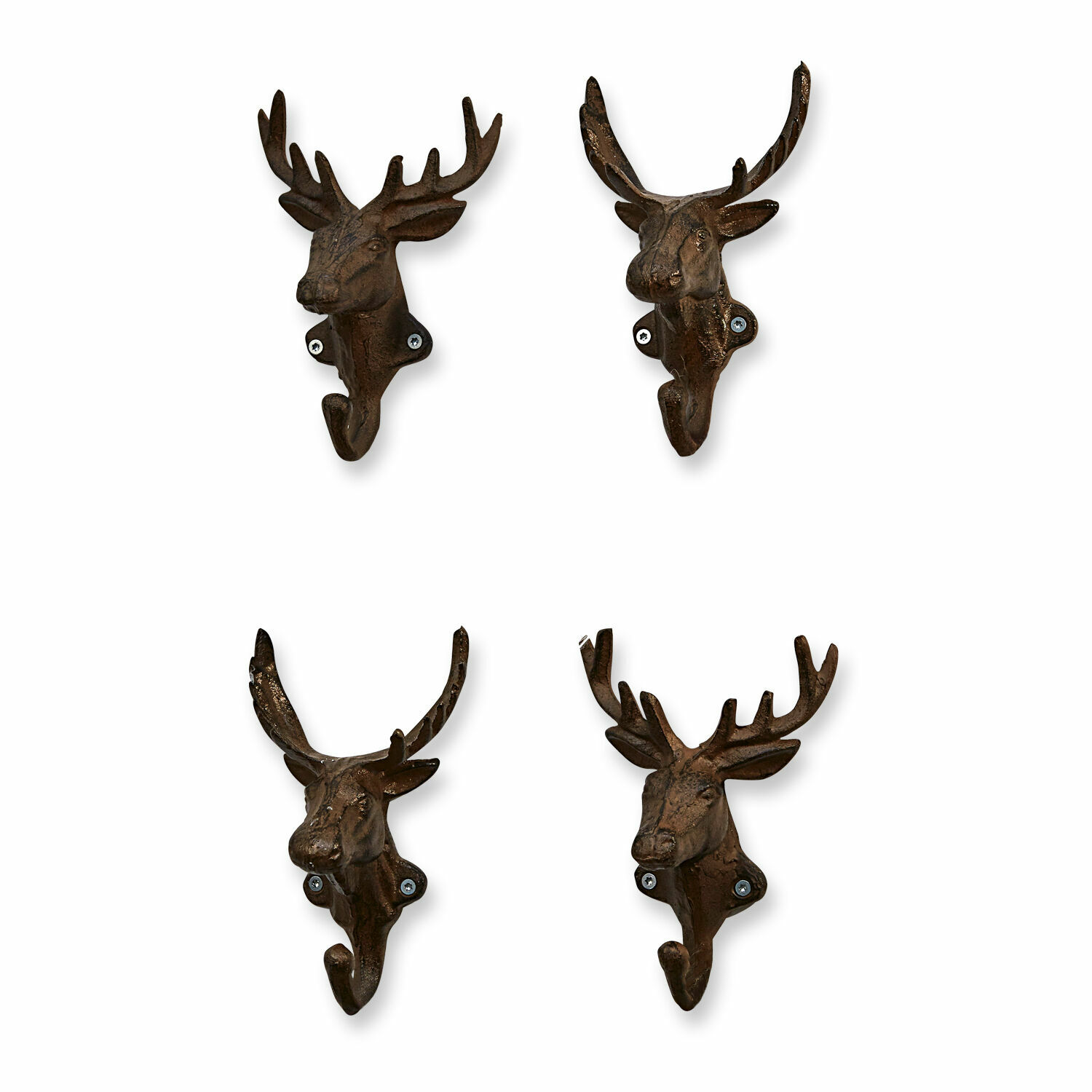 Haken 4er Set Deer Set aus vier braunen Metall-Wandhaken in Hirschkopf-Form zur Wanddekoration