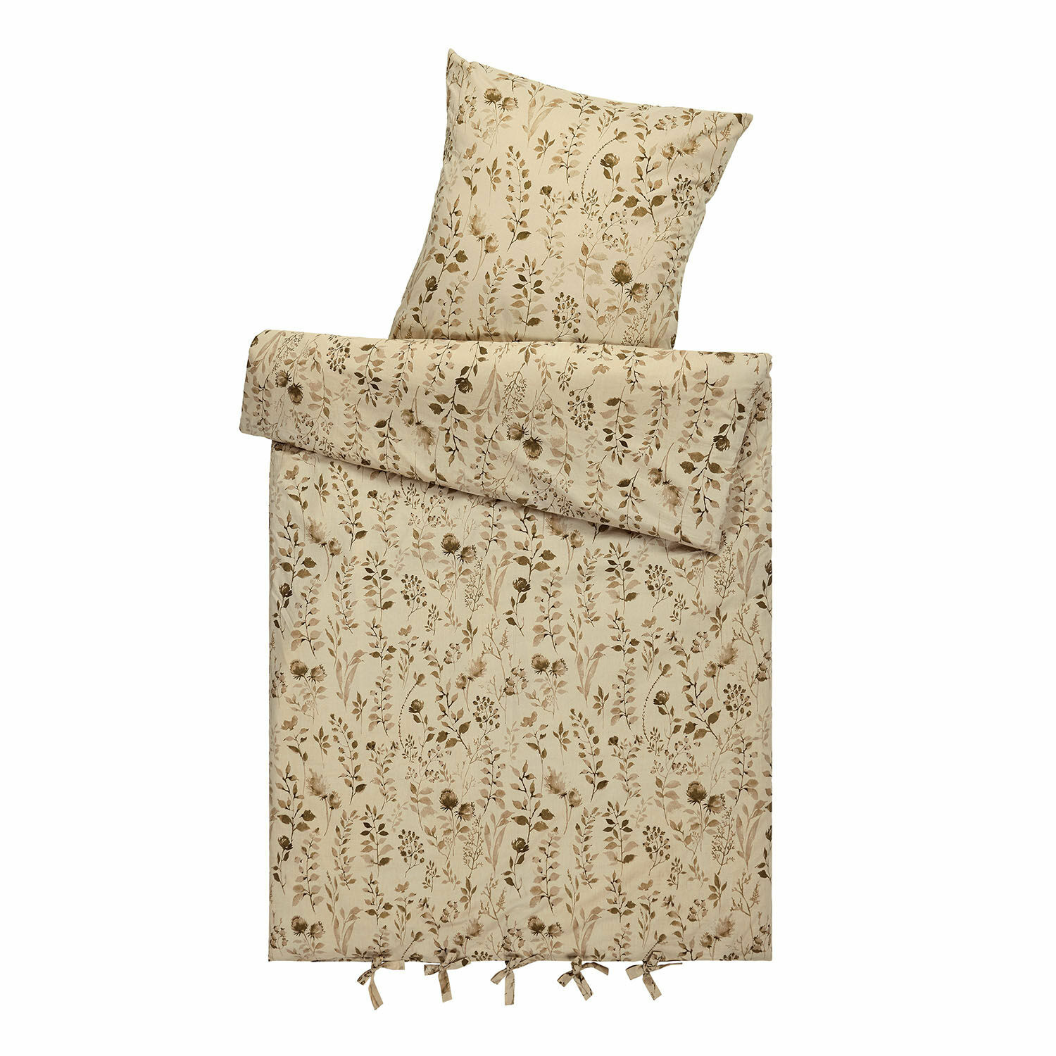 Bettwäsche Maraviglio Beige Baumwoll-Bettwäsche mit zartem Pflanzenmuster und Bindebändern unten, natürliche Bettwäsche
