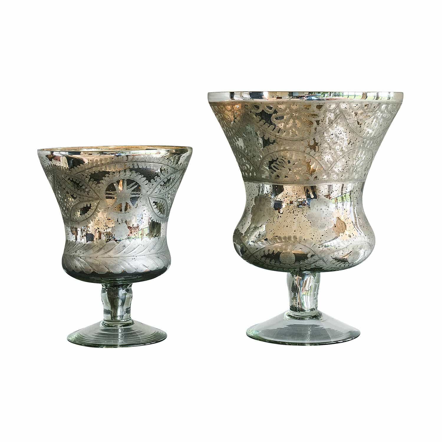 Windlicht 2er Set Zorayne Zwei dekorative Glaswindlichter mit silberner Metallic-Beschichtung und floralem Muster