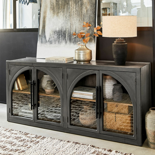 Schwarzer Metall-Sideboard mit Glastüren und industriellem Design für Wohnzimmer