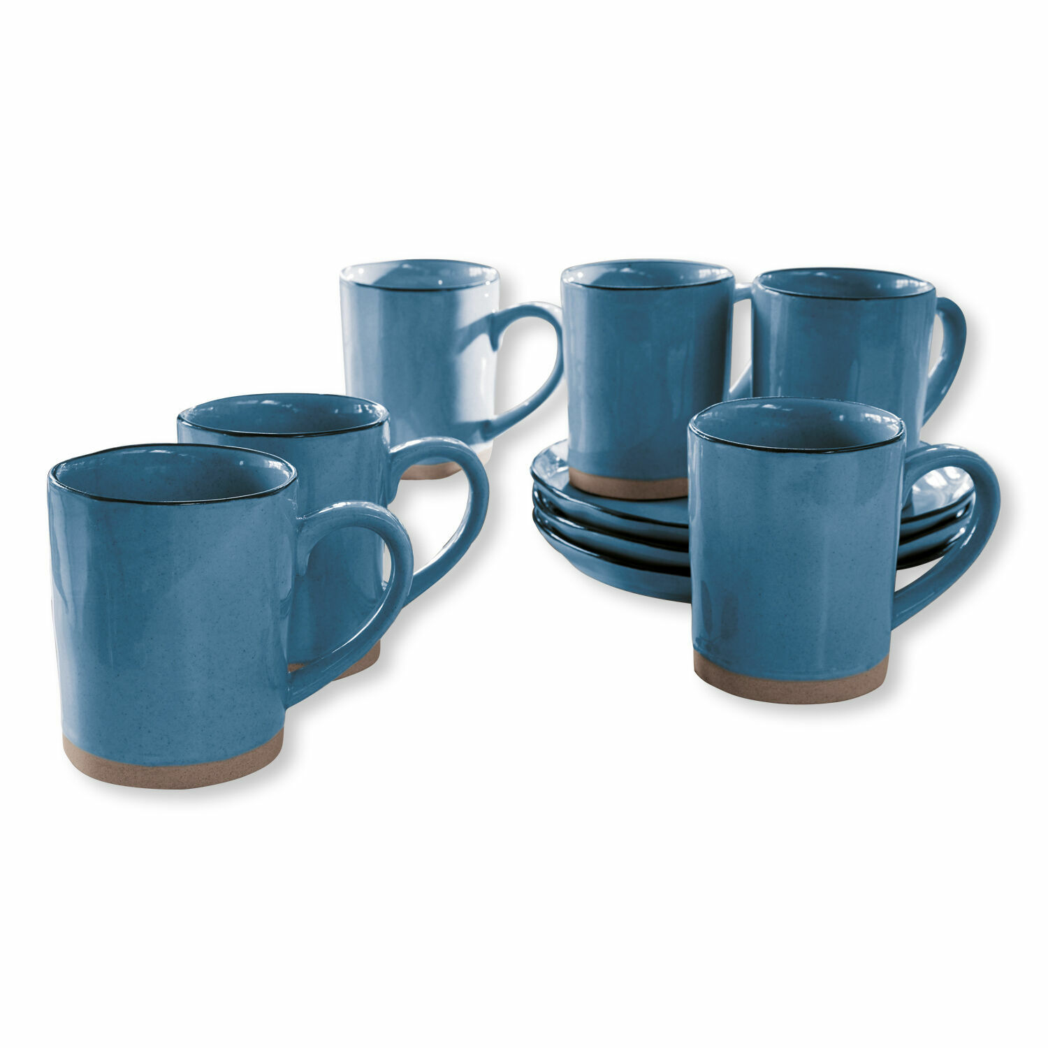 Tasse 6er Set Biarré Set aus sechs blauen Keramiktassen mit Untertassen, langlebiges Geschirr für Kaffee und Tee