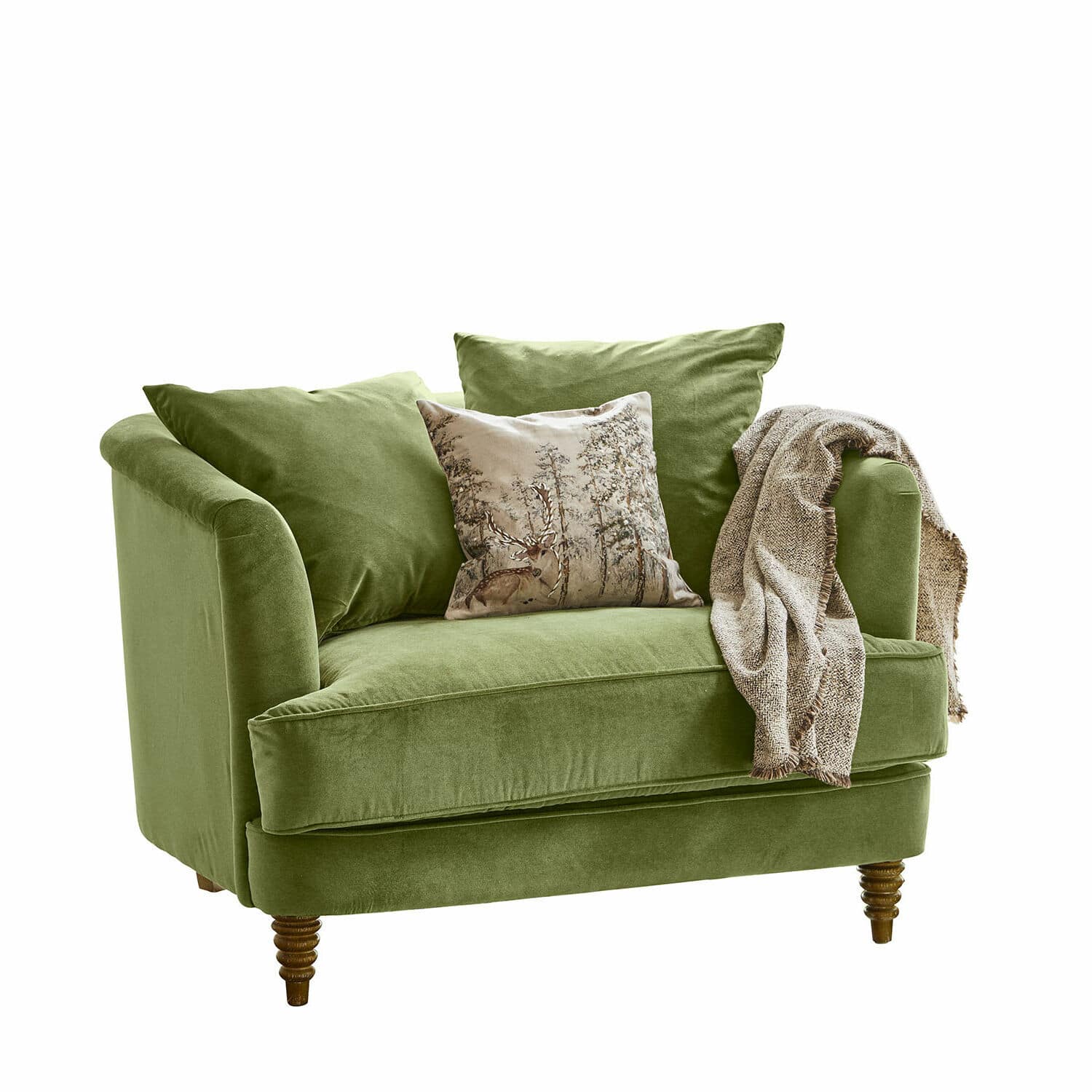 Sessel Etueffont Grünes Sofa aus weichem Stoff mit Kissen und beiger Decke, gemütliches Wohnzimmermöbel