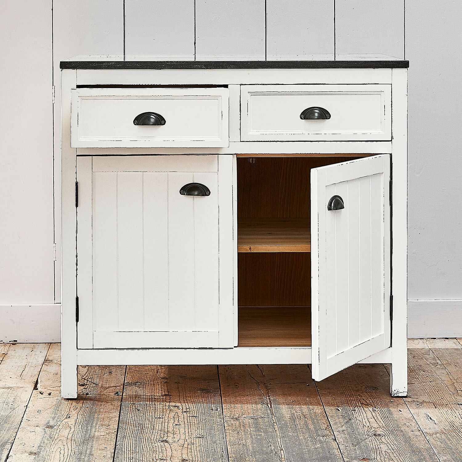 Unterschrank Havenwood Weiße Holzkommode mit schwarzer Arbeitsplatte und Metallgriffen, Schrank mit Regal und Schubladen