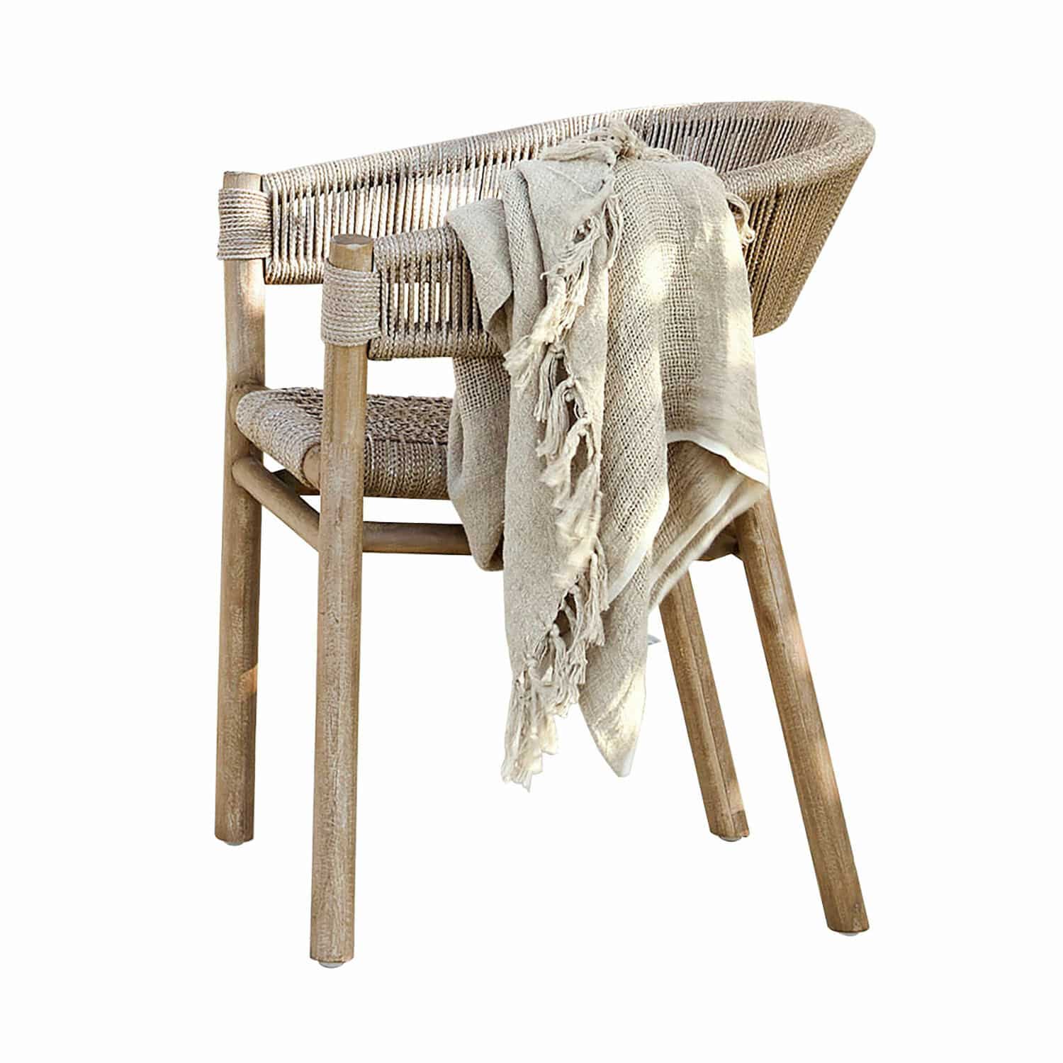 Stuhl FSC®-100% Garmontique Stuhl aus Holz und Naturseil in hellem Farbton mit beigem Plaid, skandinavischer Stil
