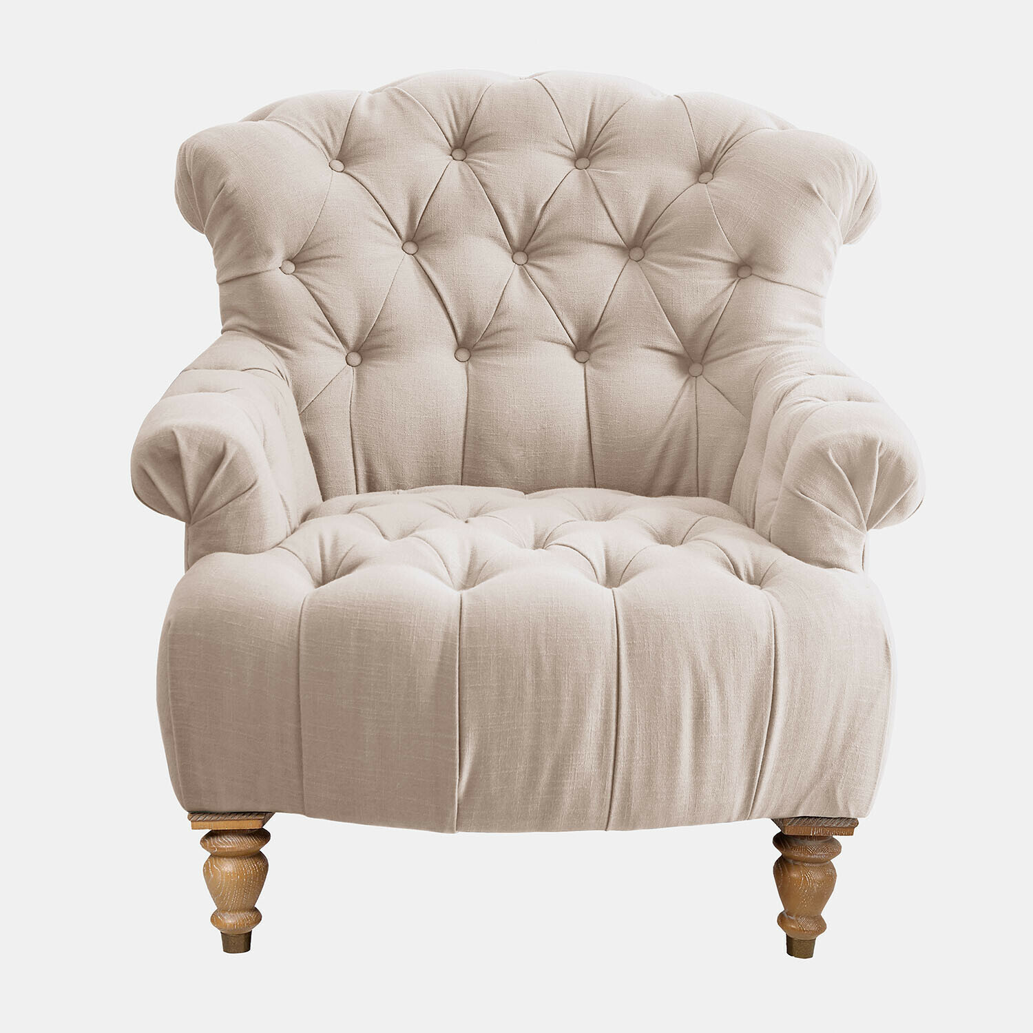 leinen Springfield Sessel aus beigem Leinen mit gesteppter Rückenlehne und gedrechselten Holzbeinen, elegantes Wohnzimmermöbel
