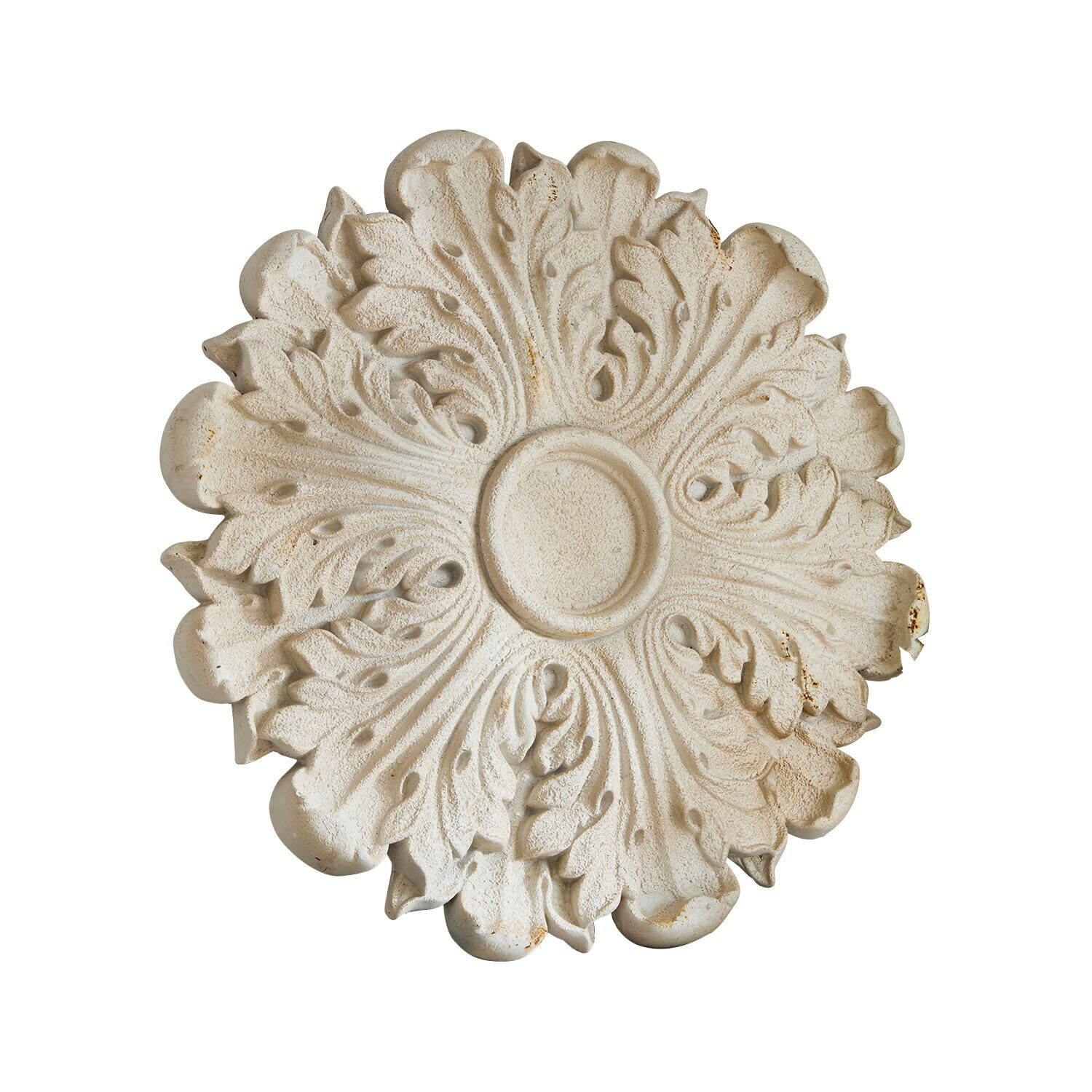 Wandornament Rosavelle Dekorative weiße Steinrosette mit reliefartigem Blattmuster, Wanddekoration