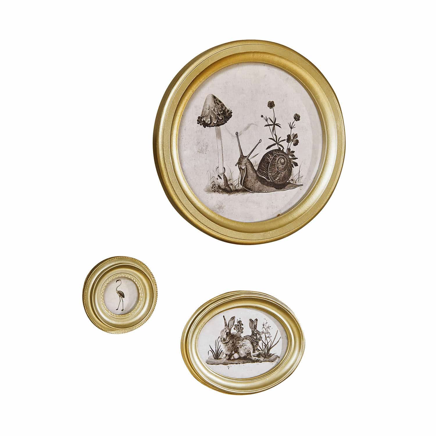 Bild 3er Set Atriana Drei goldene Bilderrahmen mit Zeichnungen von Schnecke, Flamingo und Hasen als Wanddekoration
