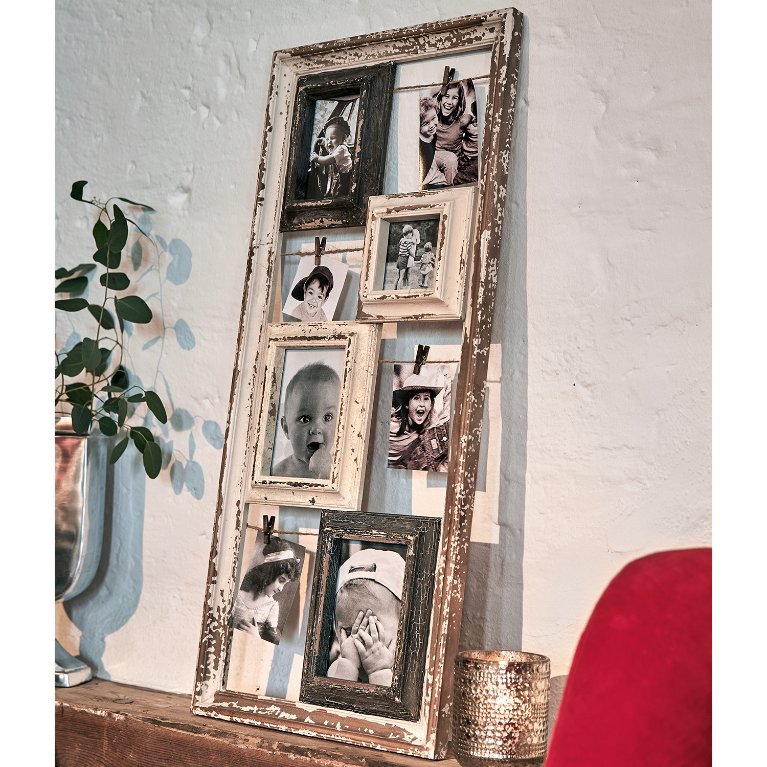 Bilderrahmen Memories Rustikaler Bilderrahmen aus Holz in Weiß und Schwarz mit Shabby-Chic-Effekt, Wanddekoration für Fotos