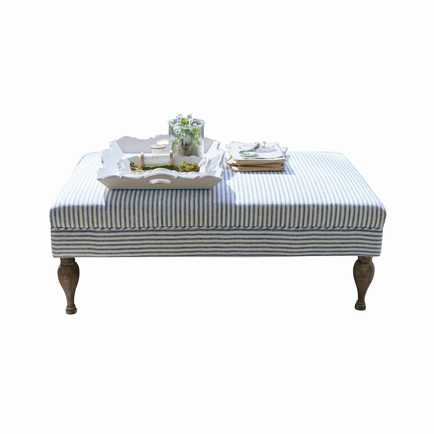 Hocker Ulysette Gestreifter gepolsterter Hocker mit Holzbeinen, stilvolles Wohnzimmermöbel
