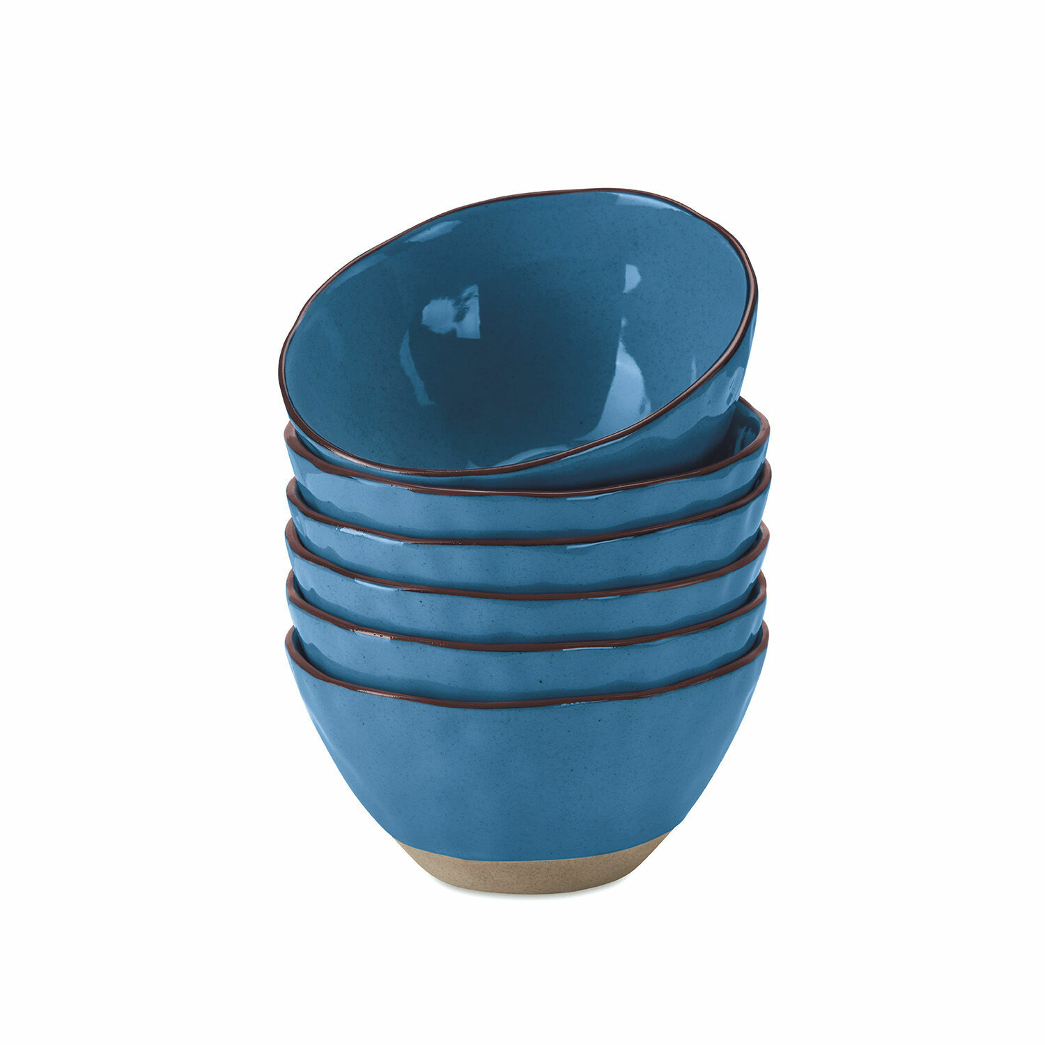 Schüssel 6er Set Biarré Set aus sechs blauen Keramikschalen mit braunem Rand und naturfarbenem Boden zum Servieren
