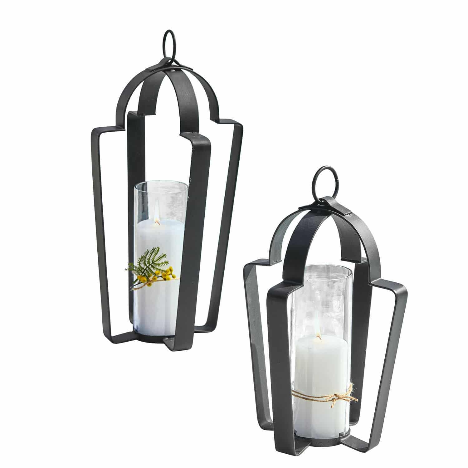 Laterne 2er Set Cime Set aus zwei schwarzen Metalllaternen mit weißen Kerzen und Glasschutz, stilvolle Wohnraumdekoration