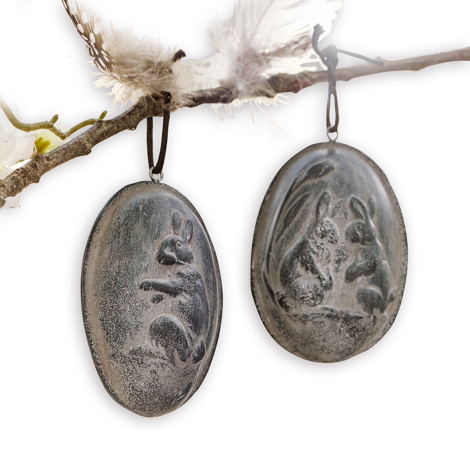 Osterei 2er Set Fjarill Hängende Metallornamente mit Hasenmotiv in Grau, Frühlings- oder Osterdekoration
