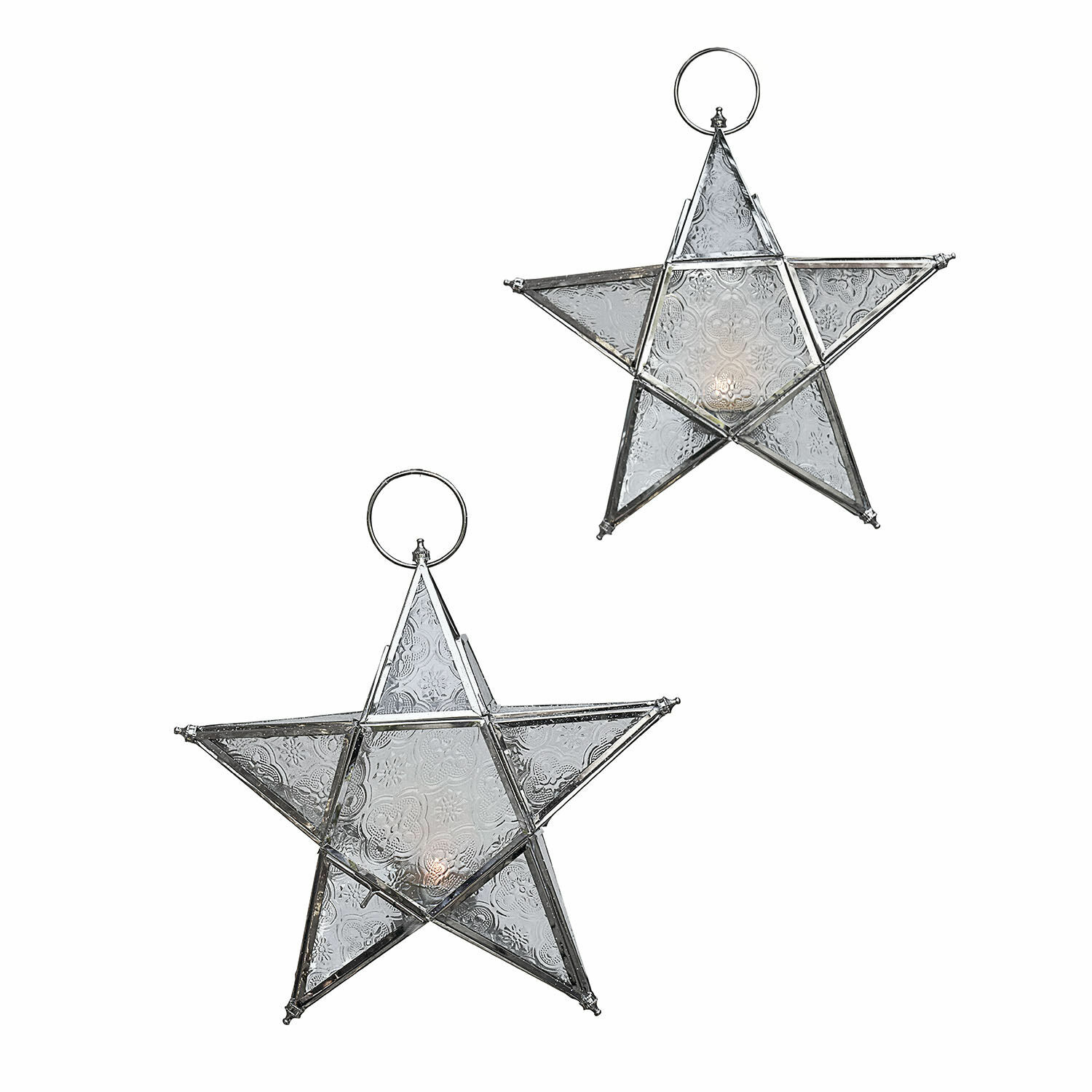 Windlicht 2er Set Kian Dekorative Sterne aus Glas und silbernem Metall, festliche Hängedekoration für Weihnachten