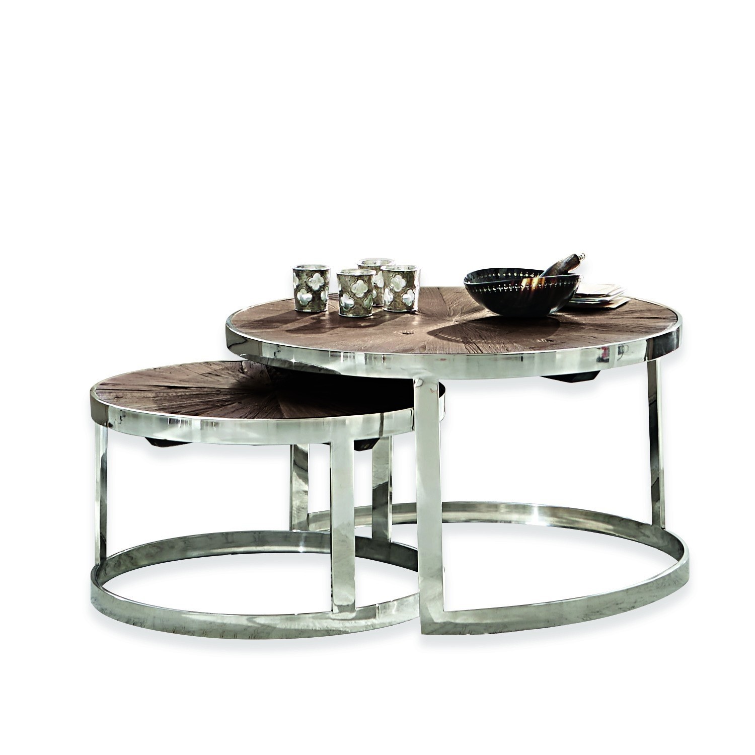 Couchtisch 2er Set Houghton Zweier-Set runde Couchtische mit dunkler Holzplatte und Metallgestell, modernes Design