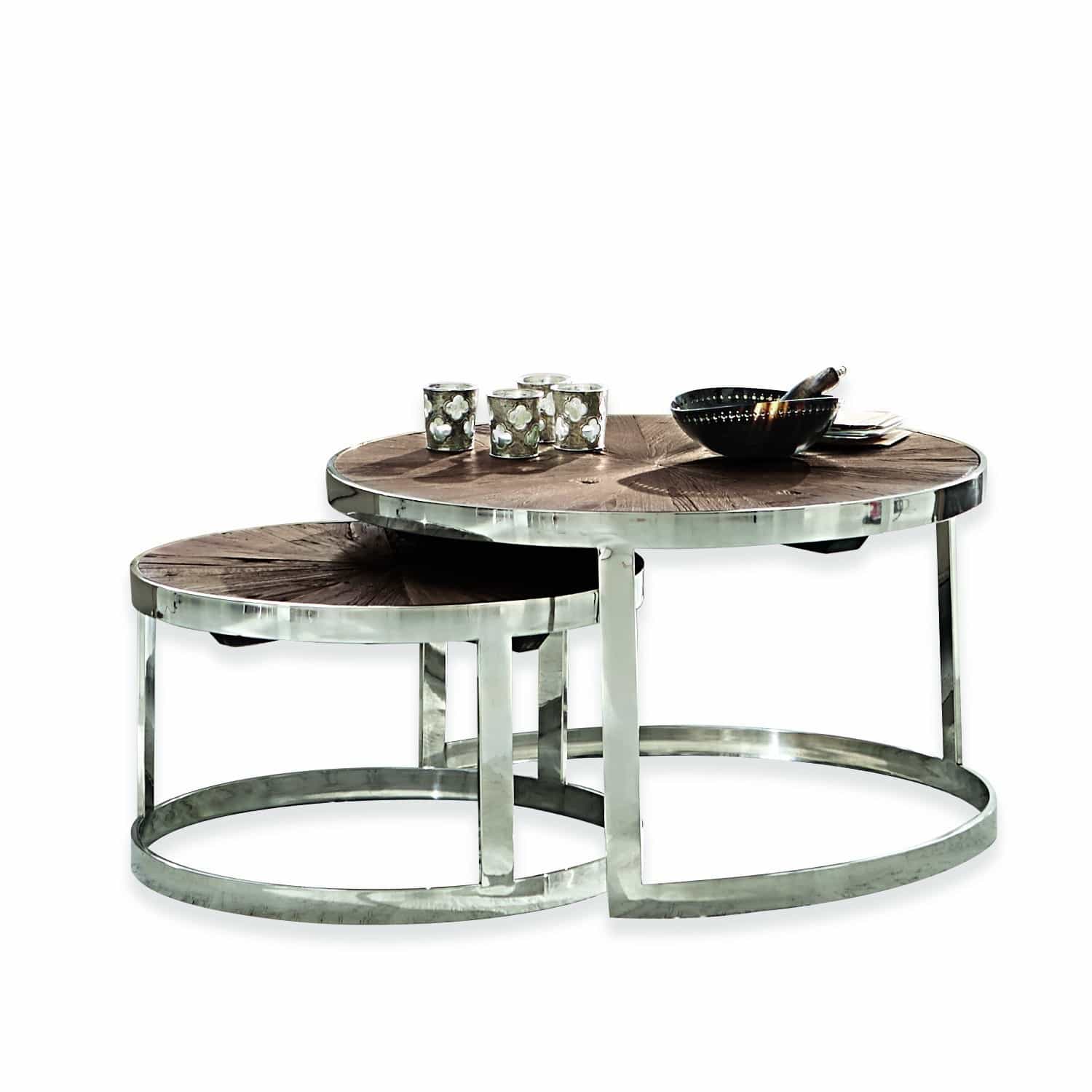Couchtisch 2er Set Houghton Zweier-Set runde Couchtische mit dunkler Holzplatte und Metallgestell, modernes Design