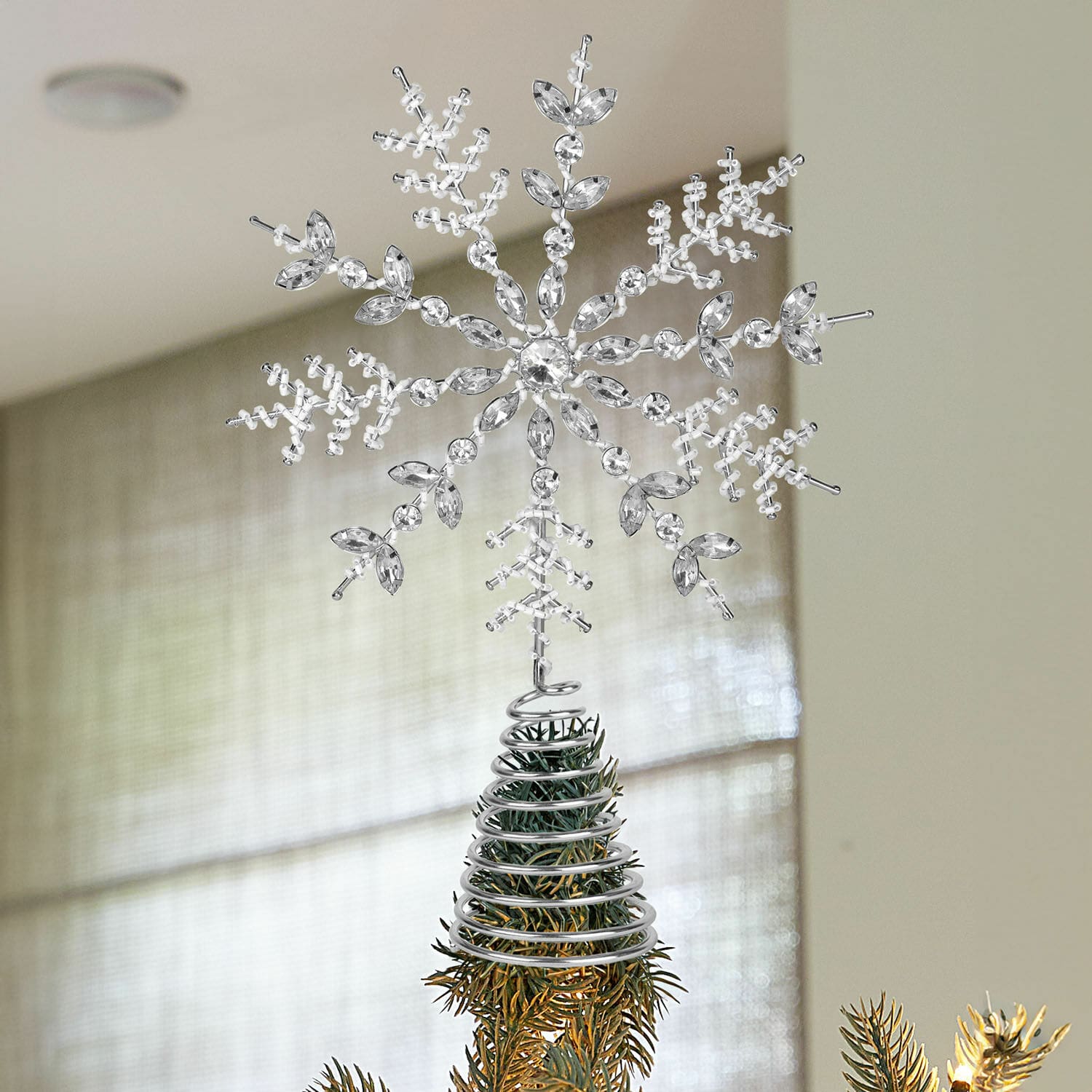 Baumspitze Coeuron Dekorativer Schneeflocken-Baumspitzenaufsatz aus klarem Glas und Metall für Weihnachtsbaum