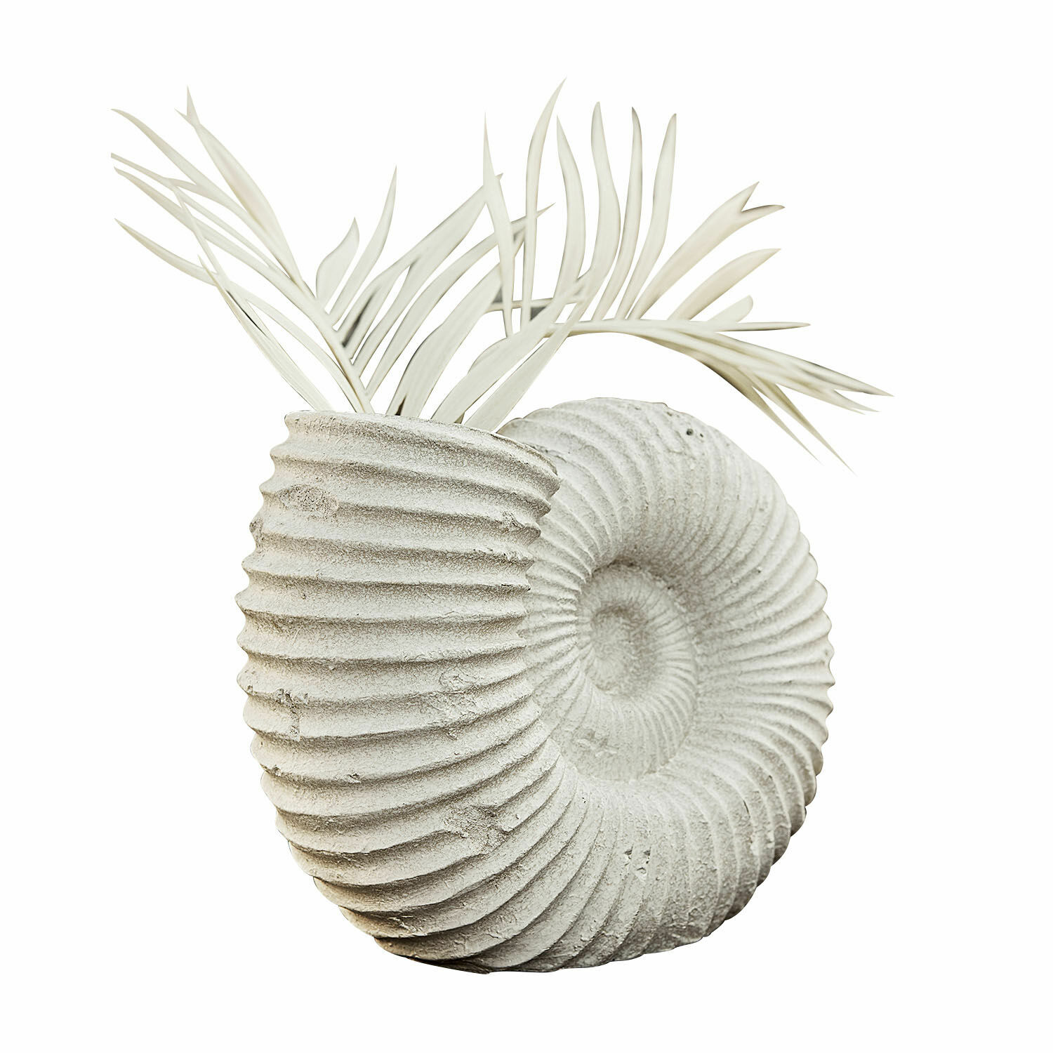 Vase Korrellin Dekorativer Blumentopf aus grauem Beton in Muschelform mit weißen Deko-Blättern