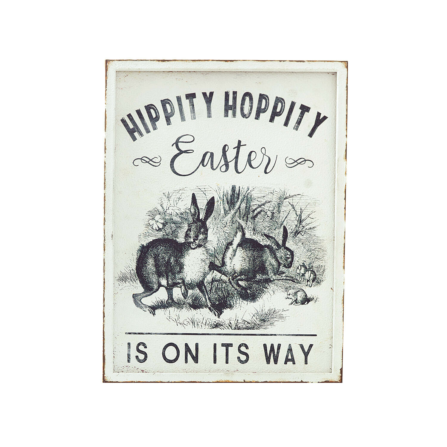 Osterdekoration mit Schriftzug und Hasenillustration auf weißem Hintergrund