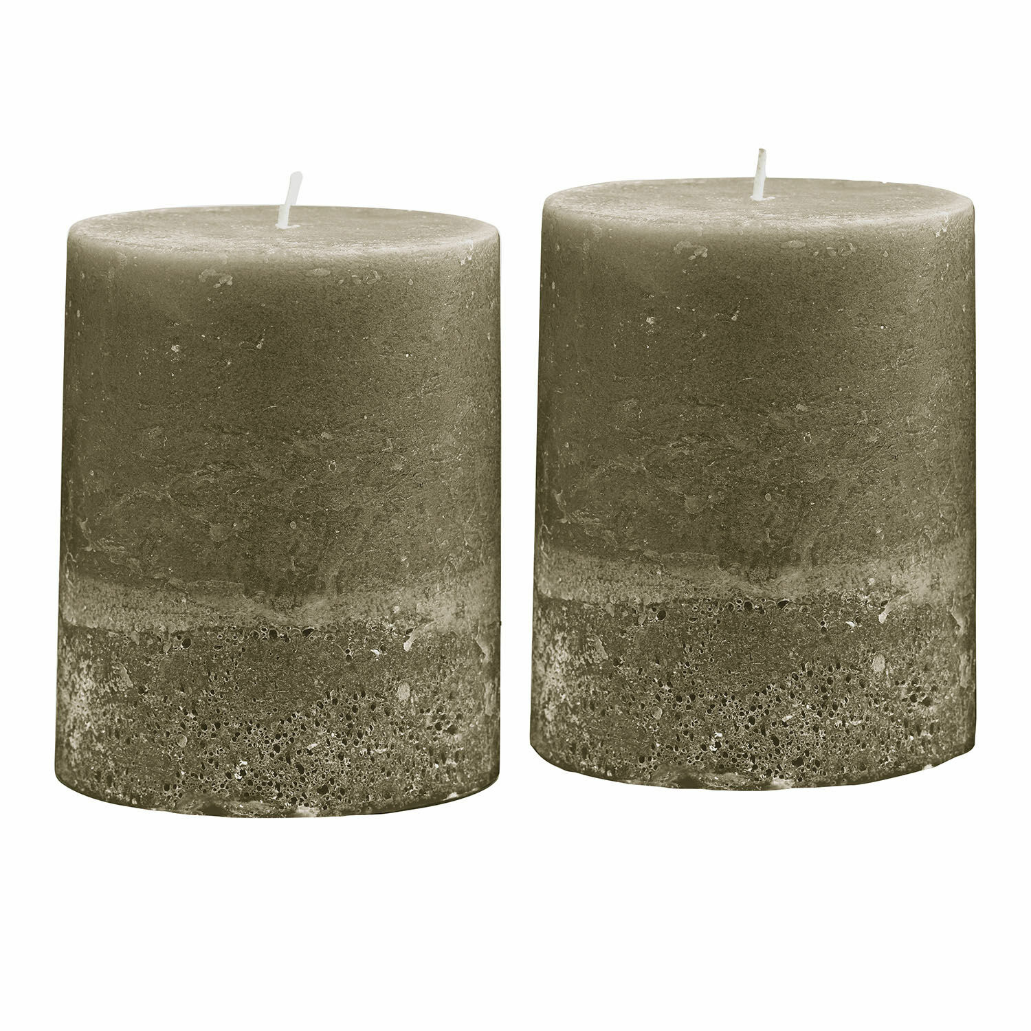 Zweier-Set Oviedo Kerzen in olivgrün mit rustikaler Struktur für Wohnraumdeko