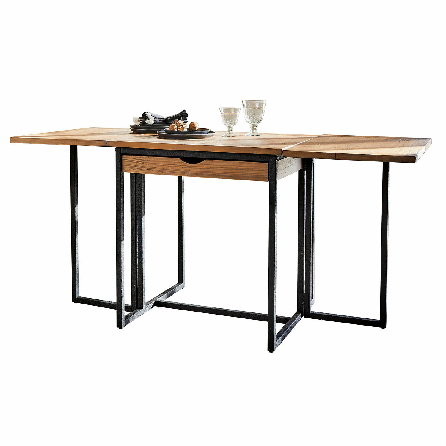 Tisch Vétrigne Ausziehbarer Tisch aus Holz und schwarzem Metall, moderner Esszimmermöbel