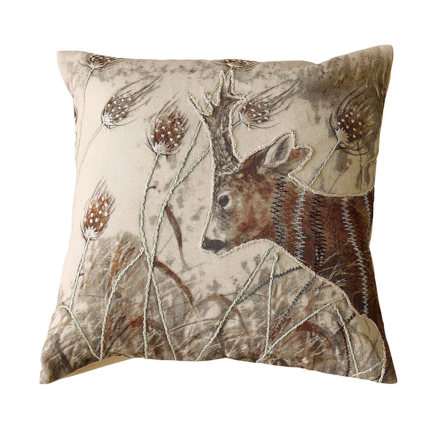 Kissenhülle Trenaya Beige Baumwollkissen mit Hirsch- und Grasmotiv, dekoratives Naturdesign für Wohnzimmer