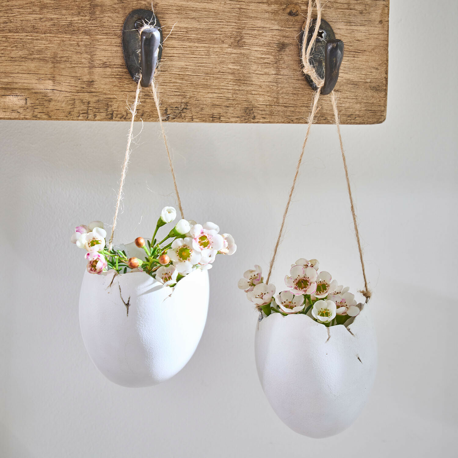 Zwei weiße Keramikblumentöpfe in Ei-Form mit Blumen, hängend an einem Holzbrett mit Haken