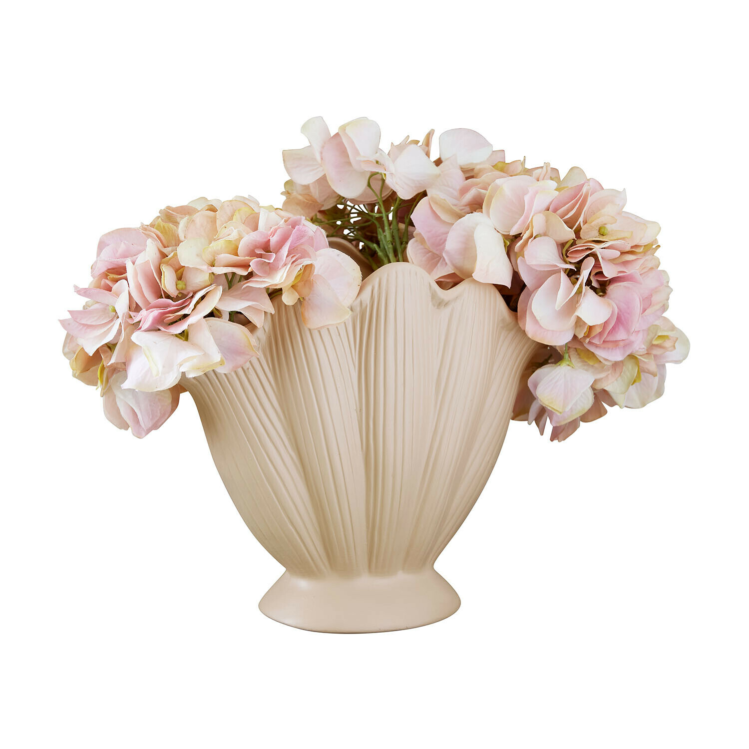 Beige Keramikvase mit Blattstruktur und rosa Dekoblumen für stilvolle Wohnräume