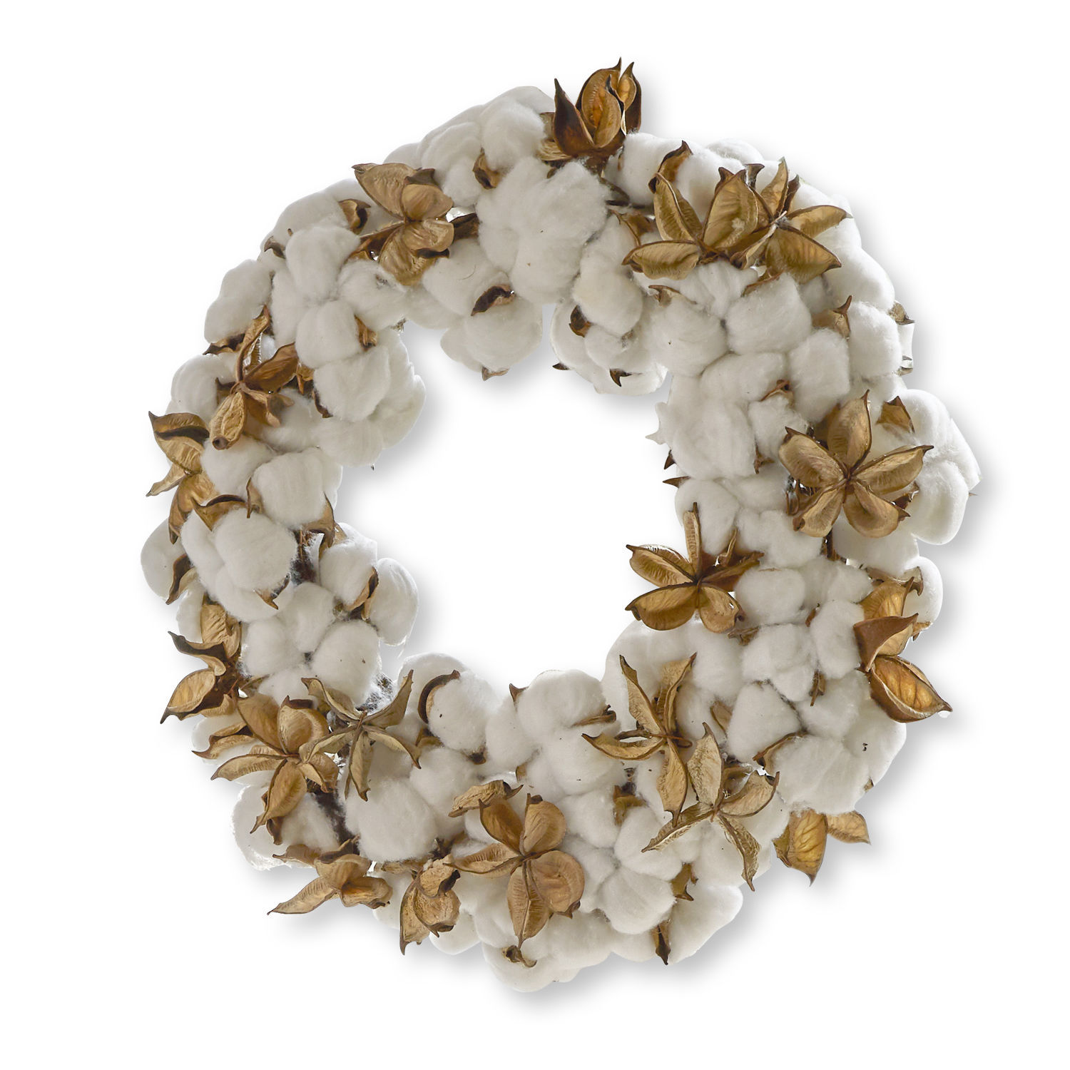 Dekorativer Kranz aus weißer Baumwolle und braunen getrockneten Blüten für Innenräume