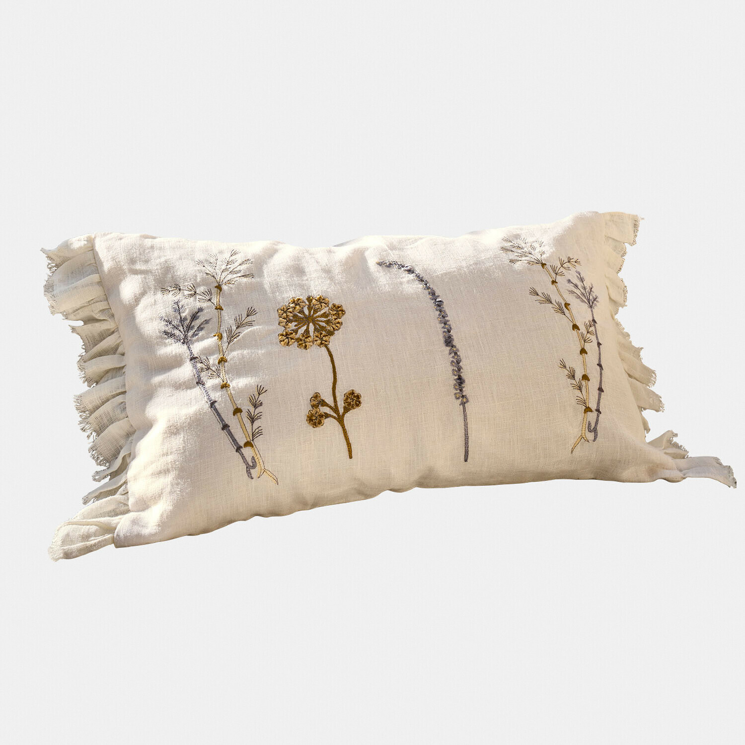Beige Leinenkissen mit Pflanzenstickerei und Rüschen, dekoratives Kissen für Wohnzimmer oder Schlafzimmer
