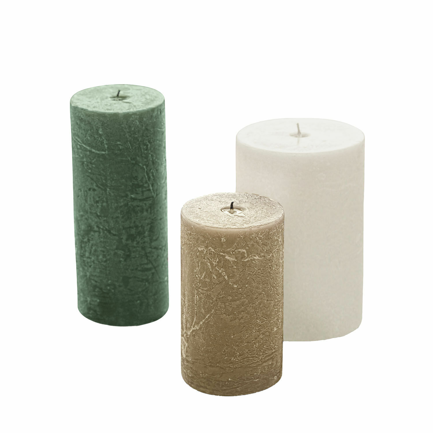 creme/grün/taupe 3er Set Pretin Kerzen in Creme, Grün und Taupe mit rustikaler Oberfläche