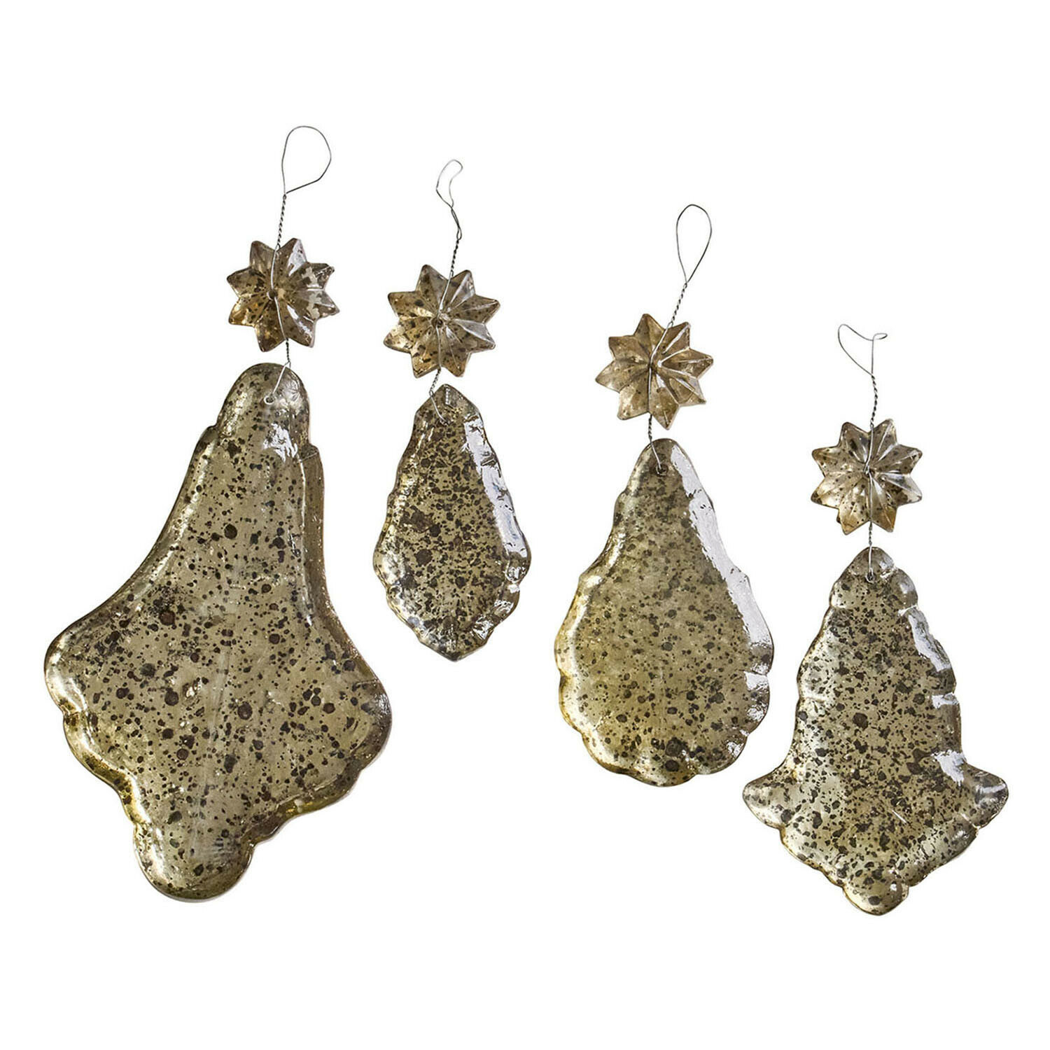 Set aus vier hängenden Glasdekorationen in antikgold mit Sternen, Weihnachtsanhänger