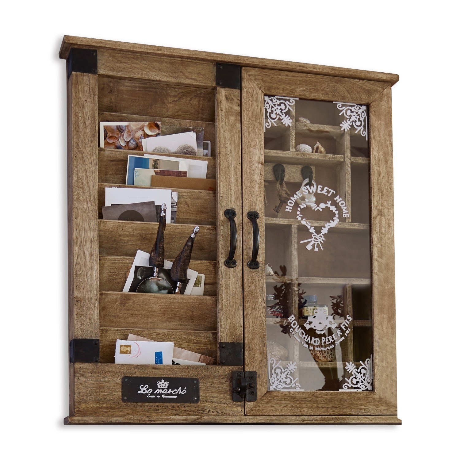 Organizer Shelby Wandschrank aus Holz mit Fächern und Glastür mit Aufschrift Home Sweet Home