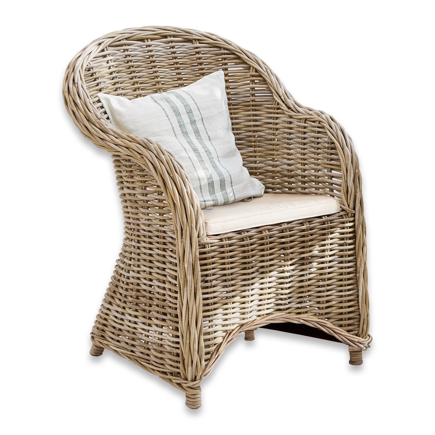 Sessel Margate Rattansessel in Naturfarbe mit hellem Sitzkissen und gestreiftem Dekokissen für Wohnzimmer