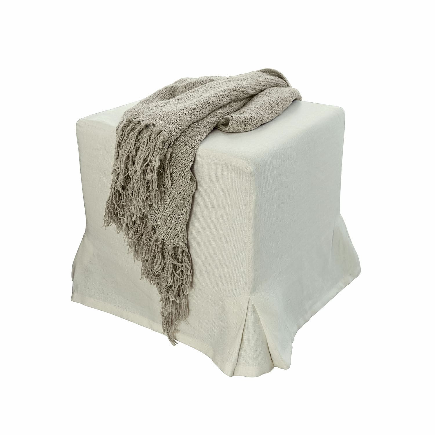 Hocker Ulysette Beiger Stoffhocker mit grauem Strickplaid und Fransen, gemütliches Möbelstück für Wohnzimmer
