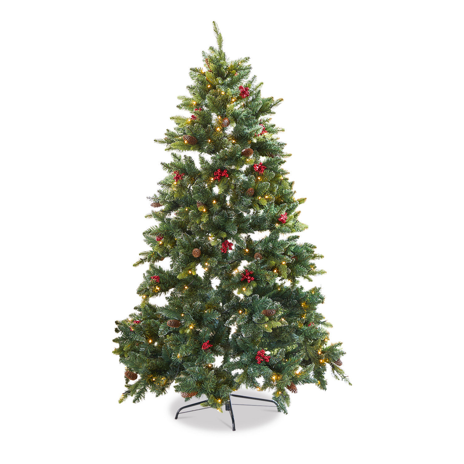 Weihnachtsbaum Bindley Künstlicher Weihnachtsbaum mit grünen Nadeln, roten Beeren, Zapfen und warmweißen LED-Lichtern als Dekoration