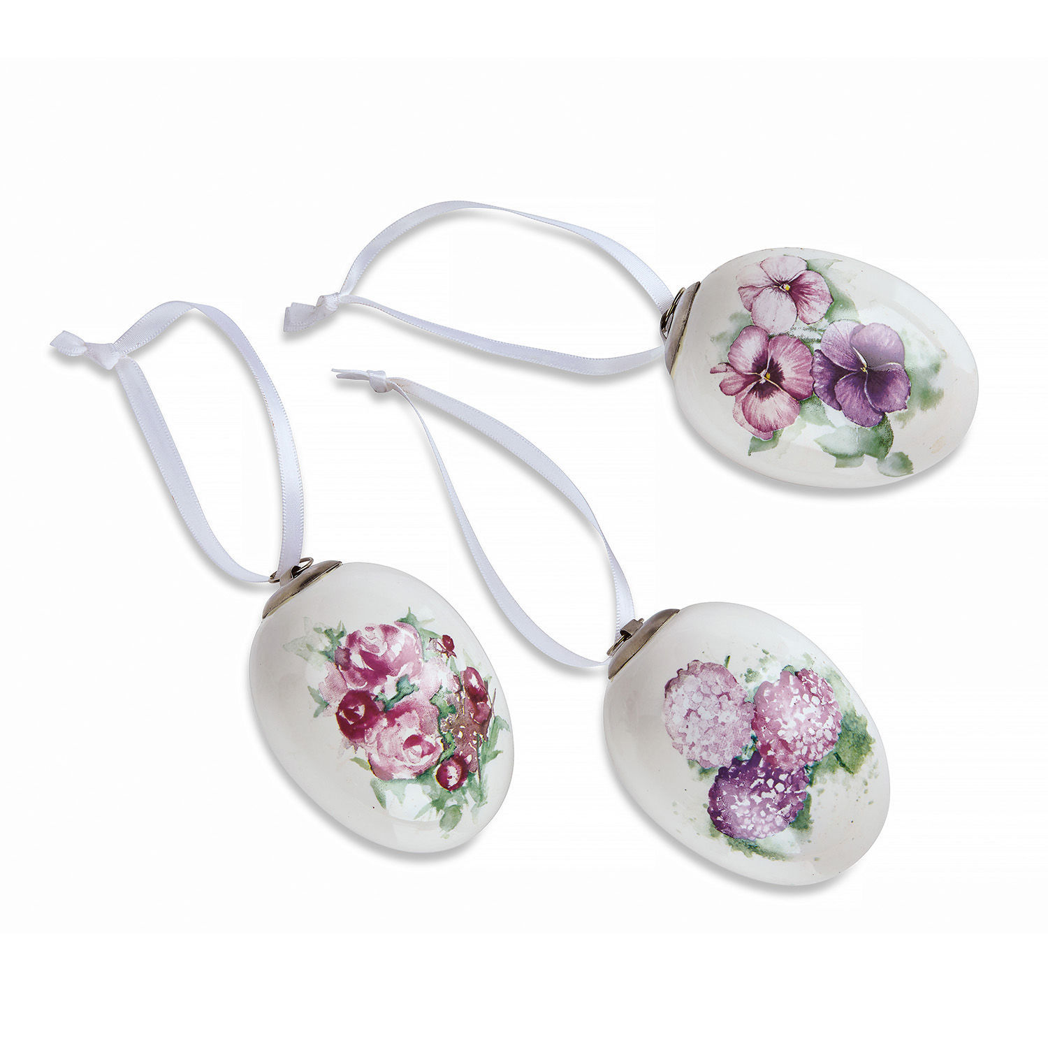 Osterei 3er Set Maurine Weiße Keramikeier mit Blumenmotiven und weißen Bändern zum Aufhängen, Osterdekoration
