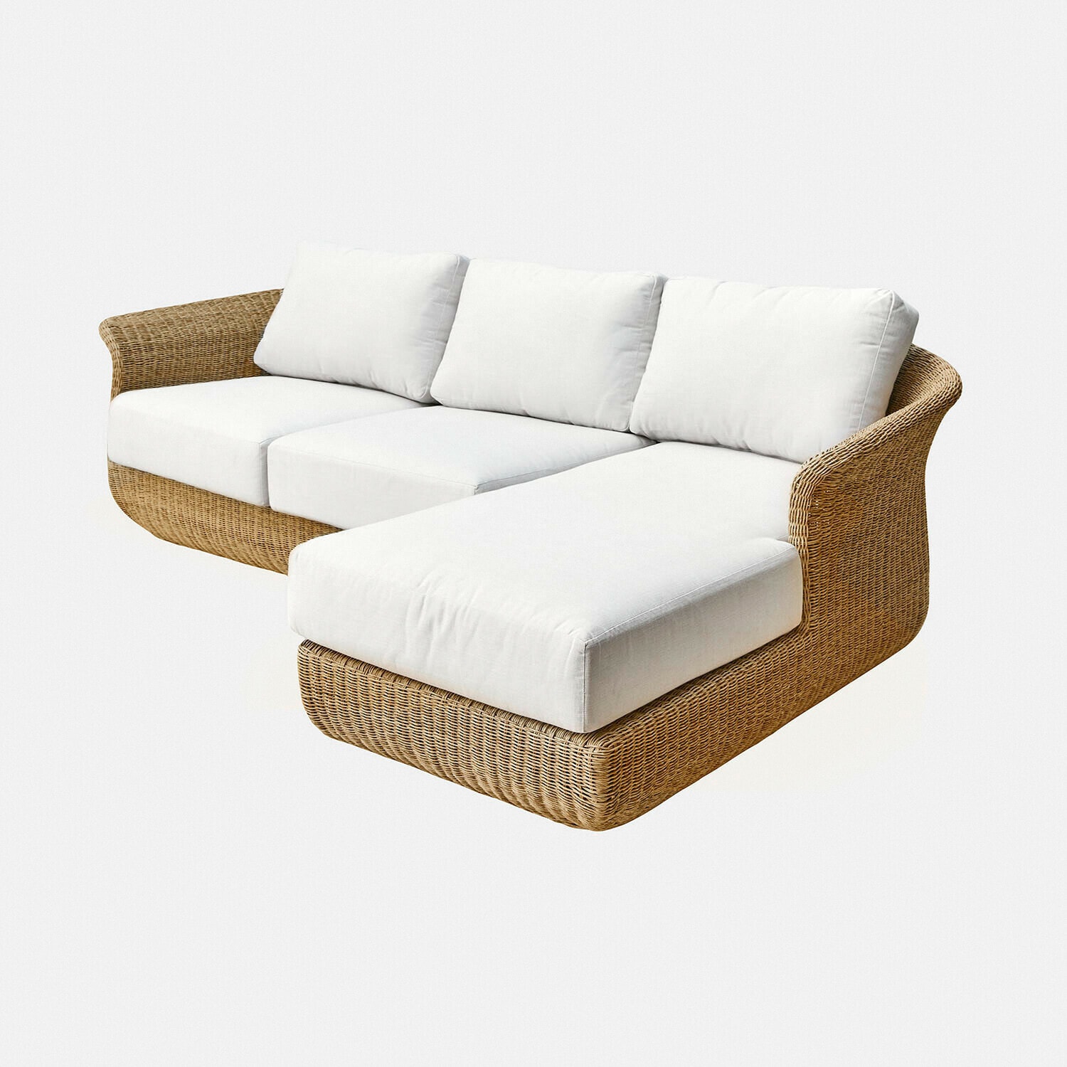 Sofa Cassianas Ecksofa aus Rattan mit weißen Kissen, gemütliches Sitzmöbel für Wohnzimmer oder Garten